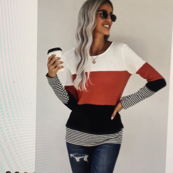 Stylish Colorblock splicing striped red top - Picture 3 of 8